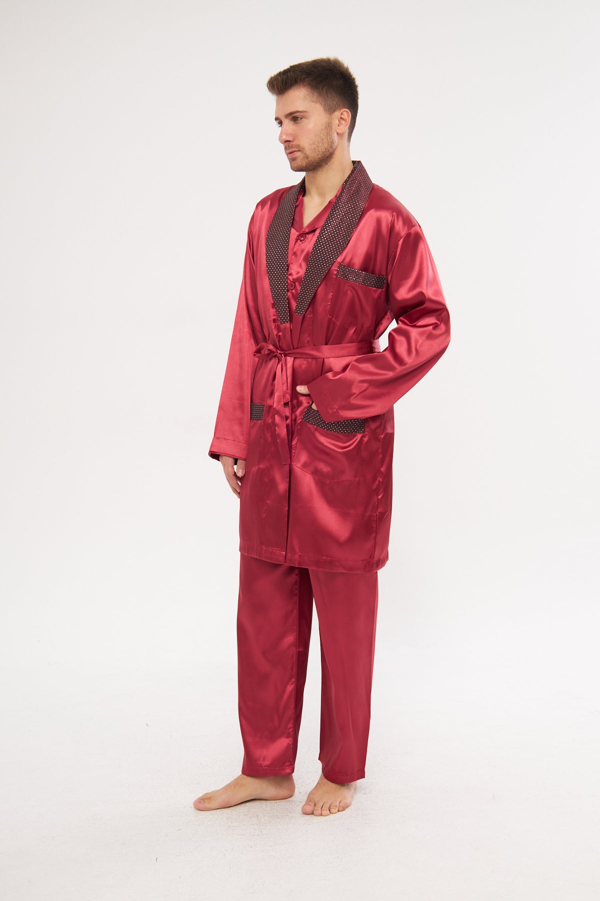 Bordo Erkek Ropdöşambır Ve Saten Pijama Takımı 4'lü Set