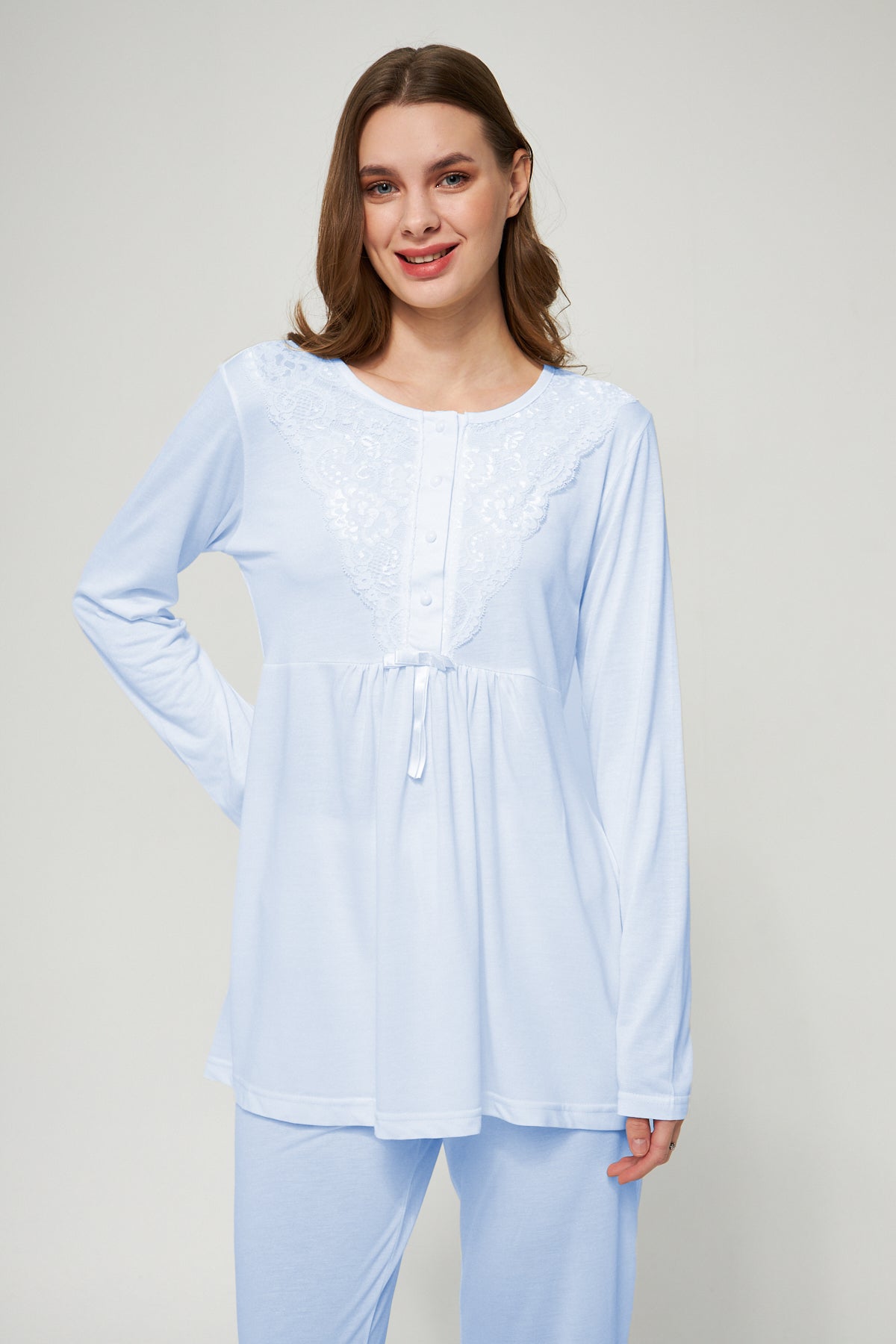 Ekru Kadın Hamile ve Lohusa Pijama Takımı 3'lü Set - Mavi
