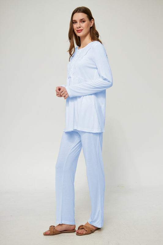 Ekru Kadın Hamile ve Lohusa Pijama Takımı 3'lü Set - Mavi