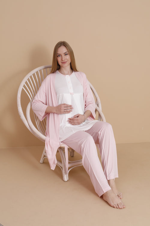 Natural Pembe Kısa Kollu Lohusa ve Hamile Pijama Takımı 3'lü Set