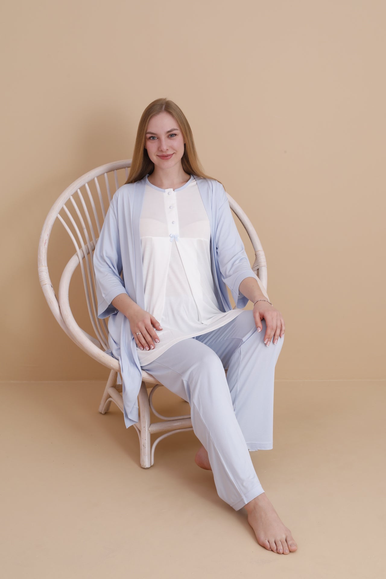 Mavi Özel Tasarım Kısa Kollu Lohusa ve Hamile Pijama Takımı 3'Lü Set
