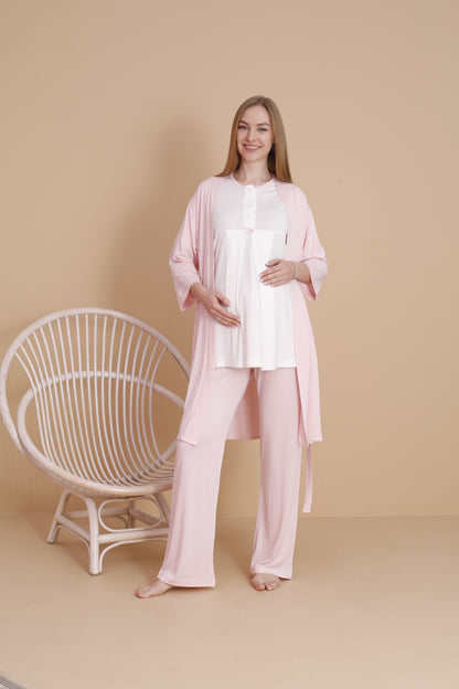Natural Pembe Kısa Kollu Lohusa ve Hamile Pijama Takımı 3'lü Set