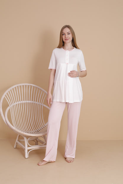 Natural Pembe Kısa Kollu Lohusa ve Hamile Pijama Takımı 3'lü Set