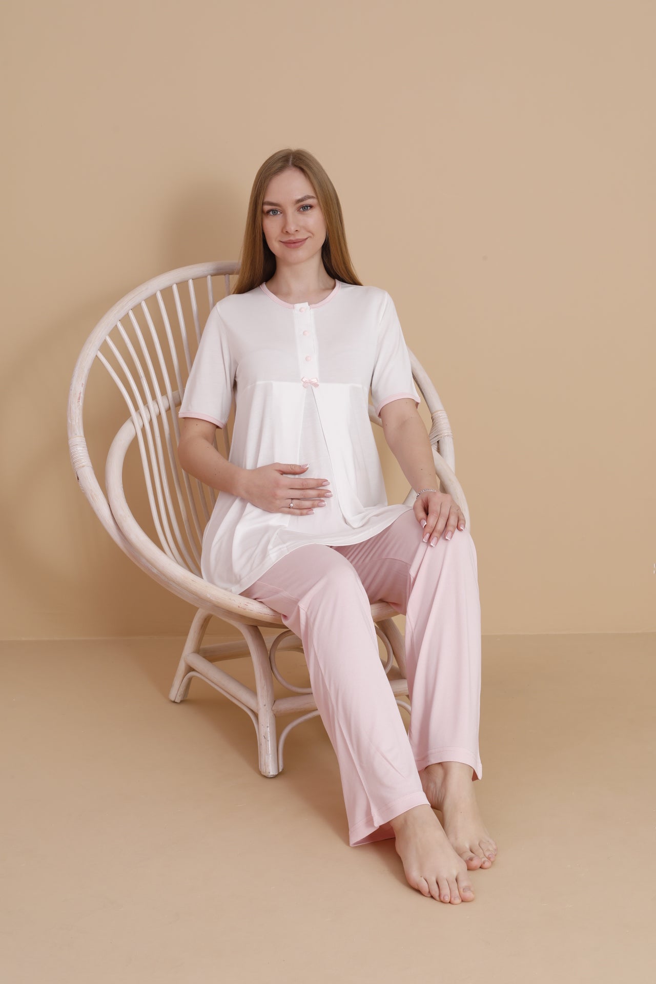 Natural Pembe Kısa Kollu Lohusa ve Hamile Pijama Takımı 3'lü Set