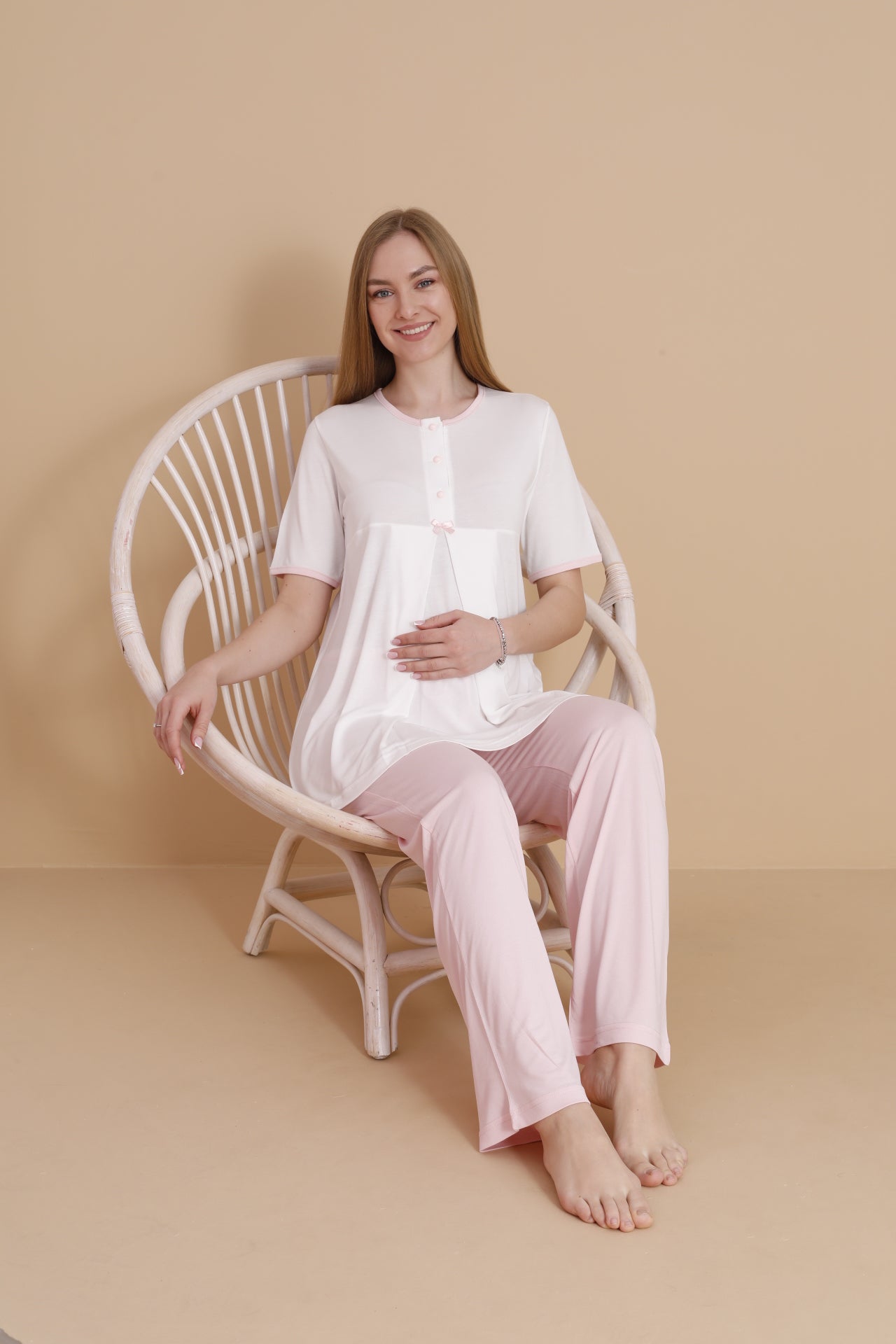 Natural Pembe Kısa Kollu Lohusa ve Hamile Pijama Takımı 3'lü Set