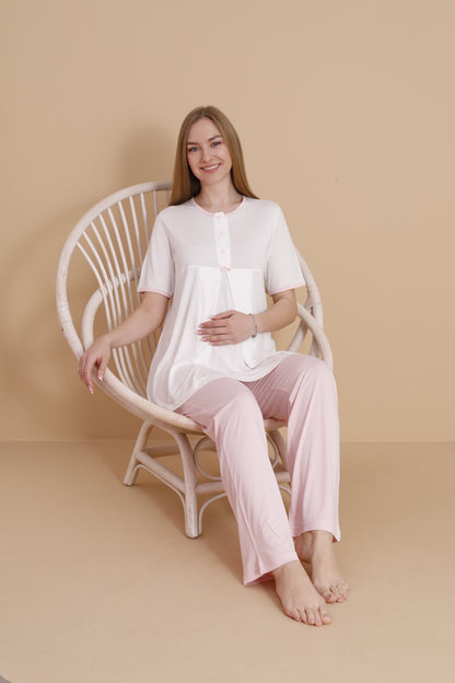 Natural Pembe Kısa Kollu Lohusa ve Hamile Pijama Takımı 3'lü Set