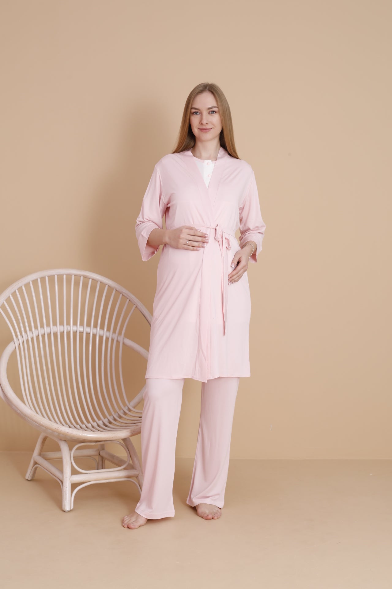 Natural Pembe Kısa Kollu Lohusa ve Hamile Pijama Takımı 3'lü Set