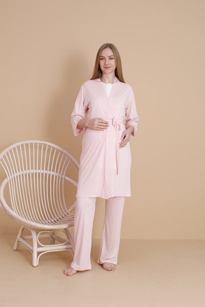 Natural Pembe Kısa Kollu Lohusa ve Hamile Pijama Takımı 3'lü Set