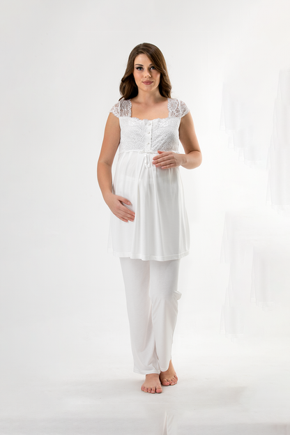 Kadın Ekru Hamile Lohusa Kısa Kollu Askılı Sabahlıklı Pijama Takımı 3'lü Set