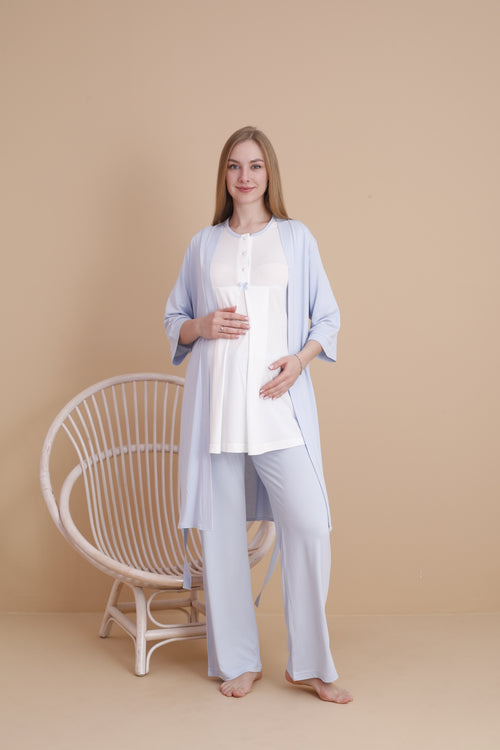 Mavi Özel Tasarım Kısa Kollu Lohusa ve Hamile Pijama Takımı 3'Lü Set