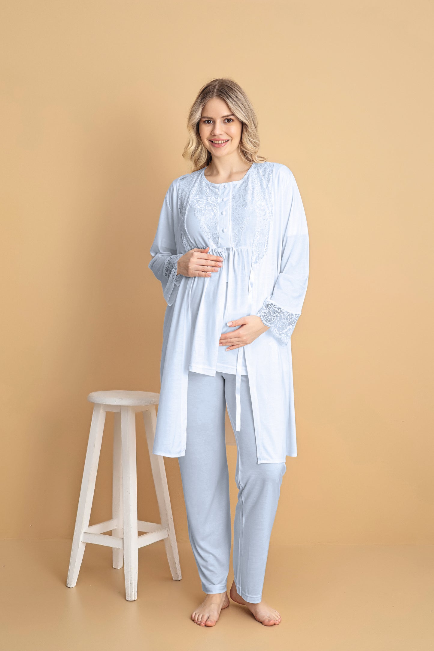 Mavi Kısa Kollu Lohusa Pijama Takımı 3'Lü Set
