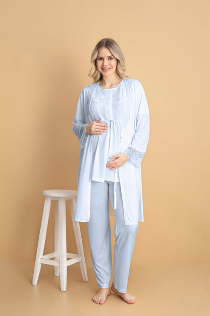 Mavi Kısa Kollu Lohusa Pijama Takımı 3'Lü Set