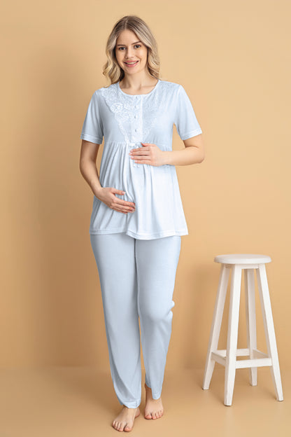 Mavi Kısa Kollu Lohusa Pijama Takımı 3'Lü Set