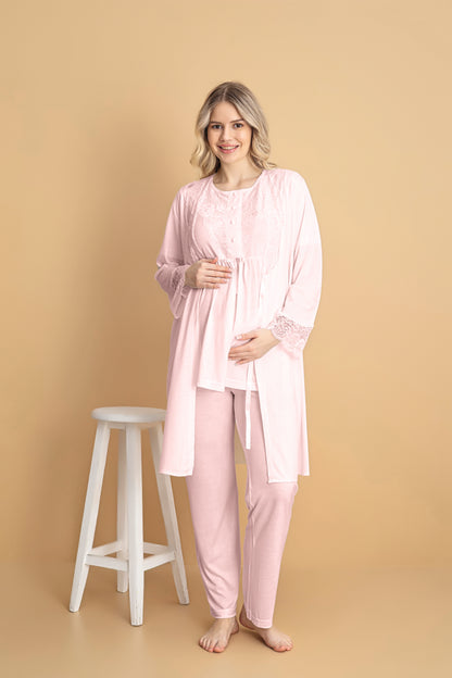 Pembe Kısa Kollu Lohusa Pijama Takımı 3'Lü Set