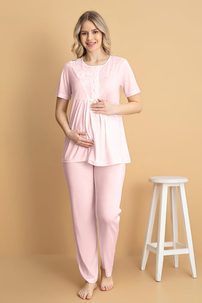 Pembe Kısa Kollu Lohusa Pijama Takımı 3'Lü Set