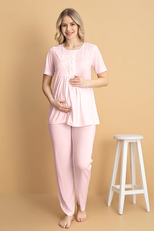 Pembe Kısa Kollu Lohusa Pijama Takımı 3'Lü Set