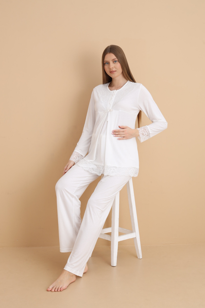 Özel Tasarım Uzun Kollu Lohusa Pijama Takımı 3'lü Set - Ekru