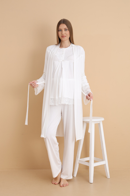 Özel Tasarım Uzun Kollu Lohusa Pijama Takımı 3'lü Set - Ekru