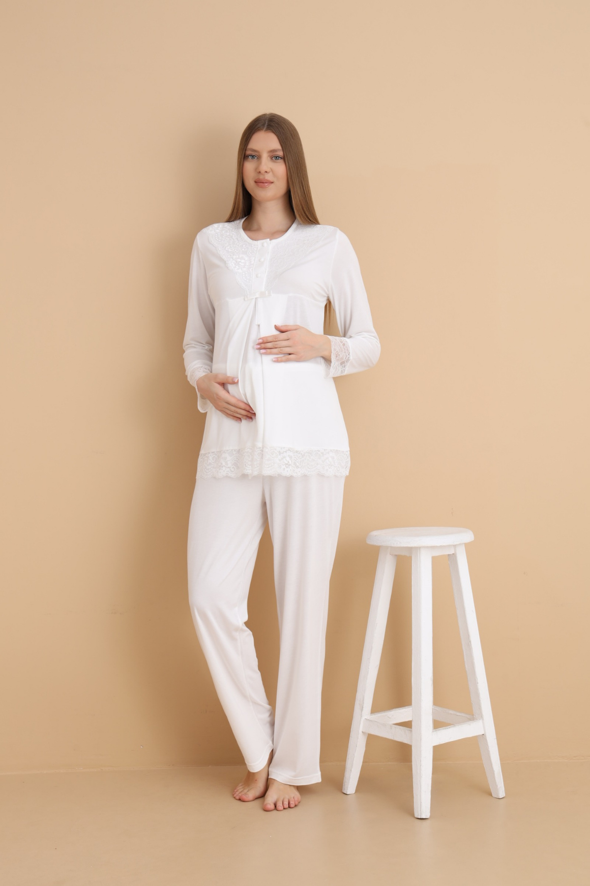 Özel Tasarım Uzun Kollu Lohusa Pijama Takımı 3'lü Set - Ekru