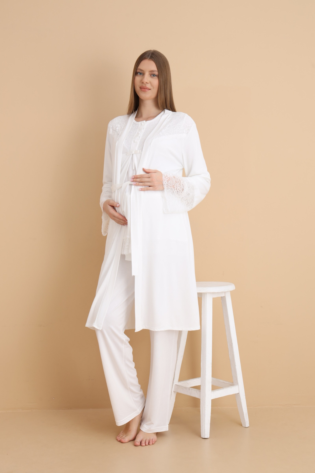 Özel Tasarım Uzun Kollu Lohusa Pijama Takımı 3'lü Set - Ekru