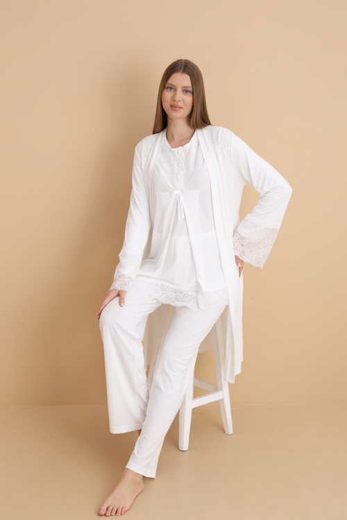 Özel Tasarım Uzun Kollu Lohusa Pijama Takımı 3'lü Set - Ekru