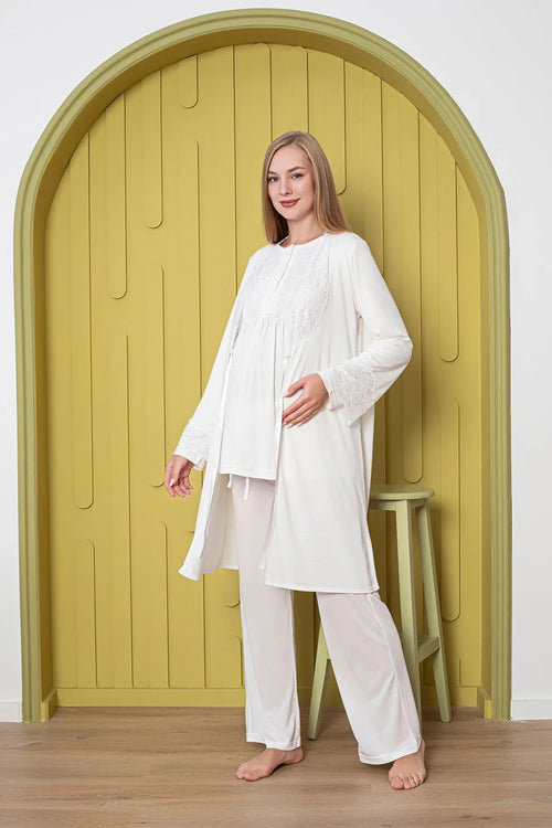 Sabahlıklı Hamile ve Lohusa Pijama Takımı 3'Lü Set - Beyaz
