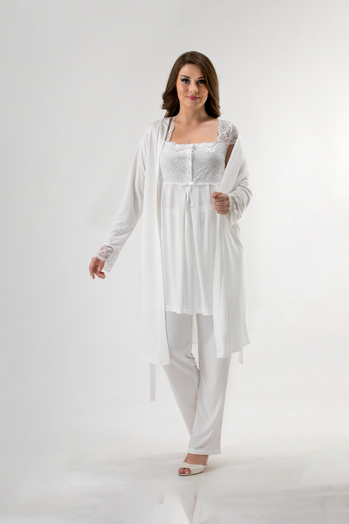 Kadın Ekru Hamile Lohusa Kısa Kollu Askılı Sabahlıklı Pijama Takımı 3'lü Set