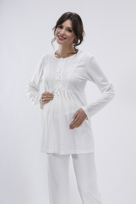 Ekru Hamile Ve Lohusa Pijama Takımı 3'lü Set