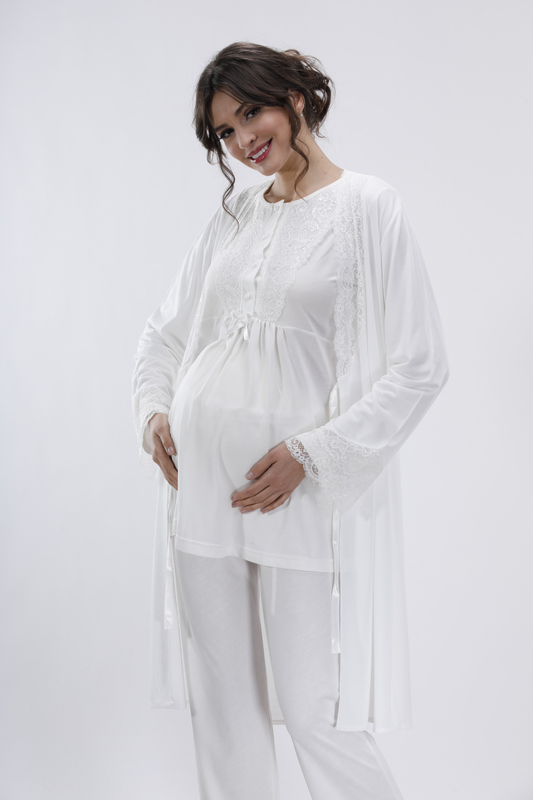 Ekru Hamile Ve Lohusa Pijama Takımı 3'lü Set