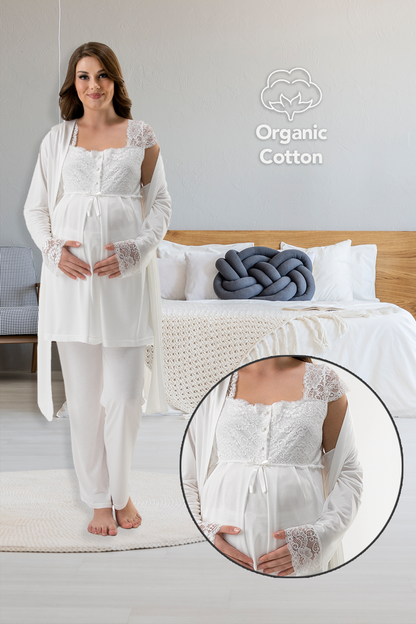 Kadın Ekru Hamile Lohusa Kısa Kollu Askılı Sabahlıklı Pijama Takımı 3'lü Set