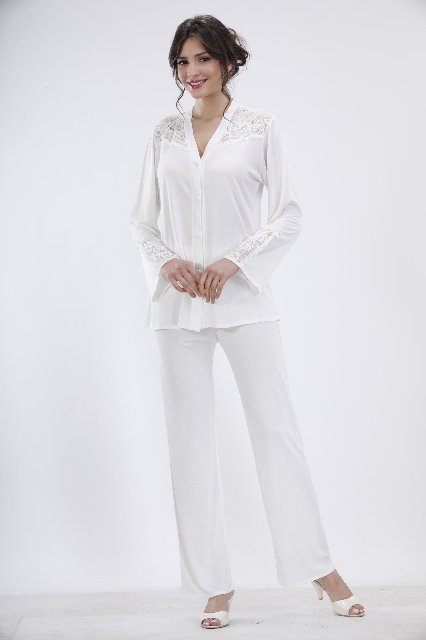 Kadın Çeyizlik Pijama Takımı 2'Li Set - Ekru