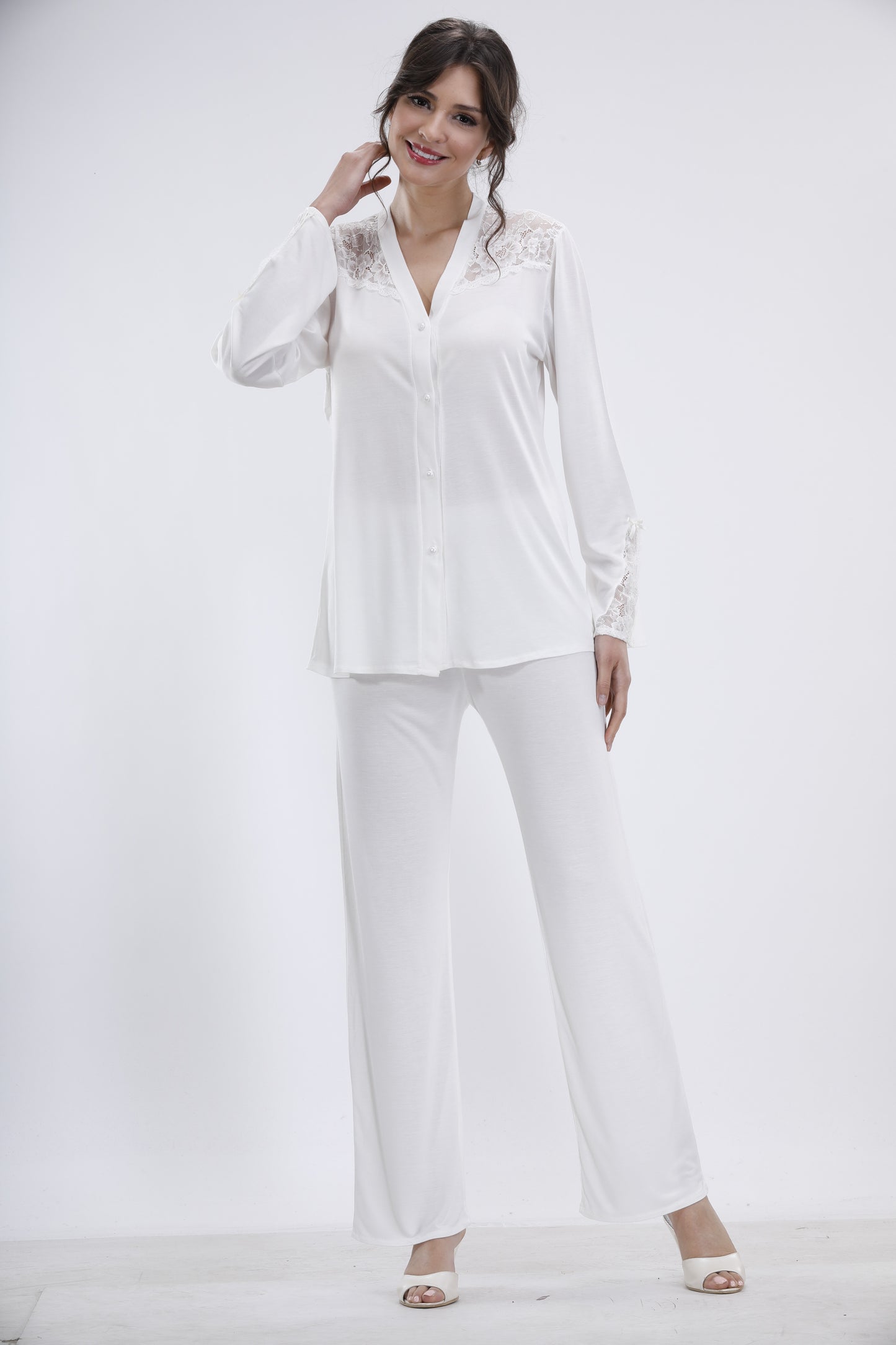 Kadın Çeyizlik Pijama Takımı 2'Li Set - Ekru