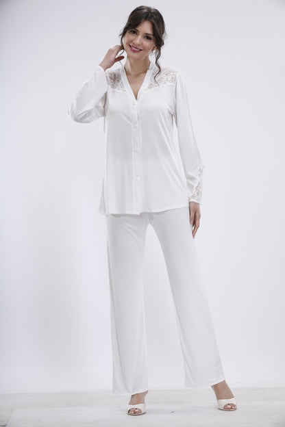 Kadın Çeyizlik Pijama Takımı 2'Li Set - Ekru