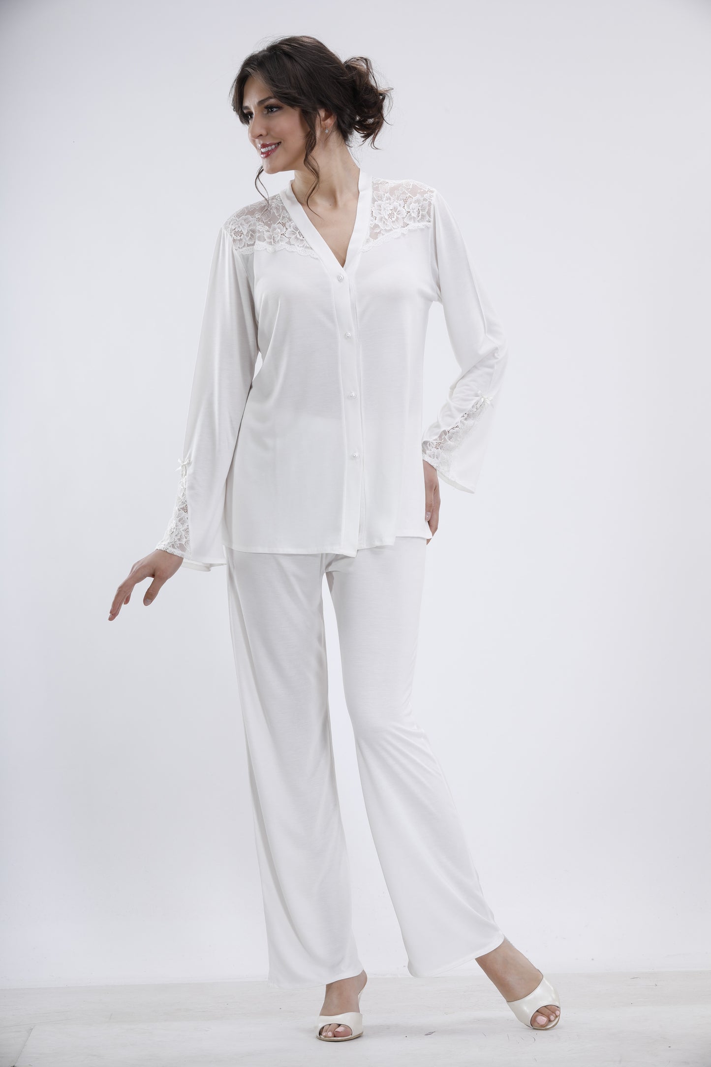 Kadın Çeyizlik Pijama Takımı 2'Li Set - Ekru
