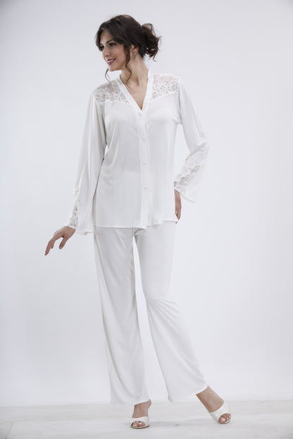 Kadın Çeyizlik Pijama Takımı 2'Li Set - Ekru