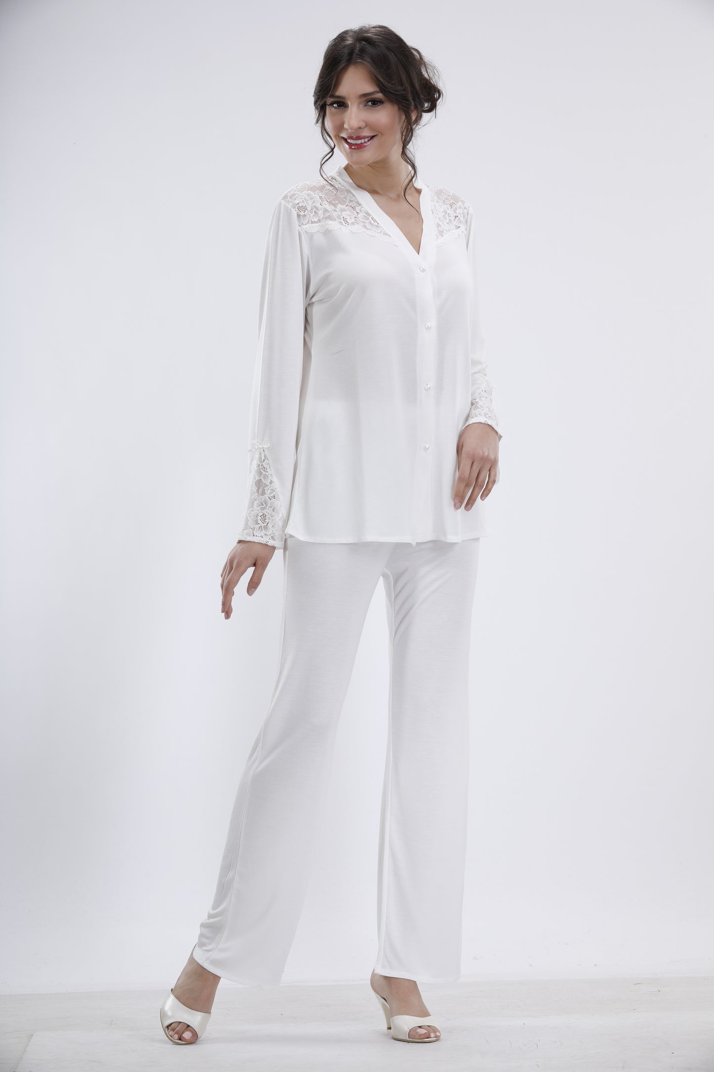 Kadın Çeyizlik Pijama Takımı 2'Li Set - Ekru
