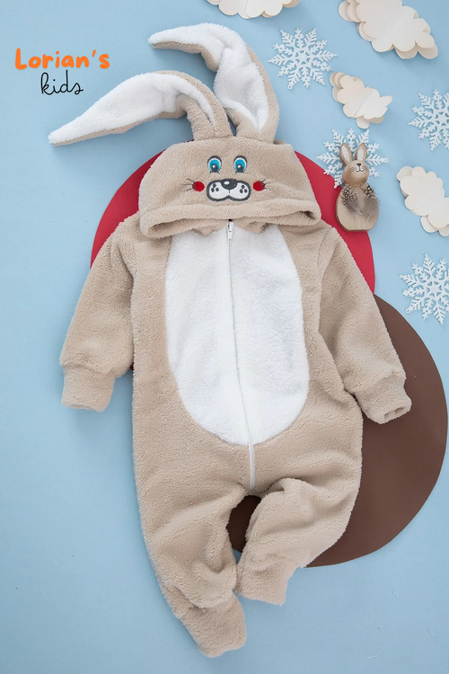 Welsoft Açık Kahve Tavşan Yumuşak Peluş Fermuarlı Bebek Tulumu - 6 Yaş