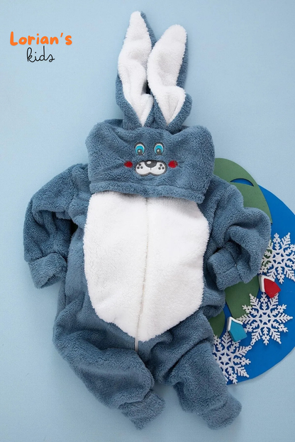 Lacivert Tavşan Unisex Yumuşak Peluş Fermuarlı Bebek Tulumu