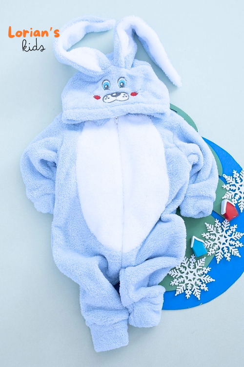 Welsoft Erkek Mavi Tavşan Yumuşak Peluş Fermuarlı Bebek Tulumu - 6 Yaş