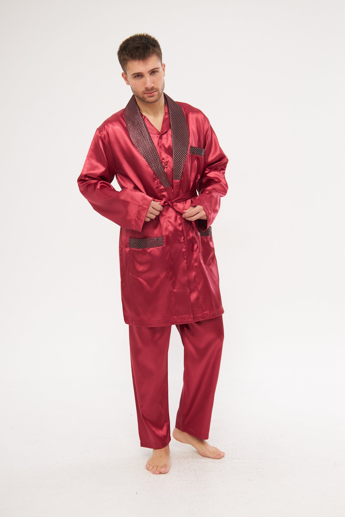 Bordo Erkek Ropdöşambır Ve Saten Pijama Takımı 4'lü Set
