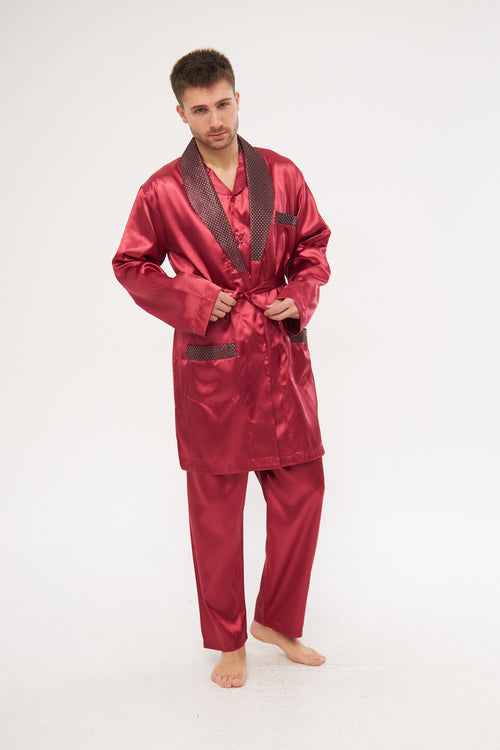 Bordo Erkek Ropdöşambır Ve Saten Pijama Takımı 4'lü Set