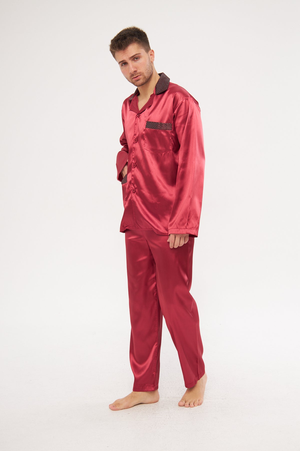 Bordo Erkek Ropdöşambır Ve Saten Pijama Takımı 4'lü Set