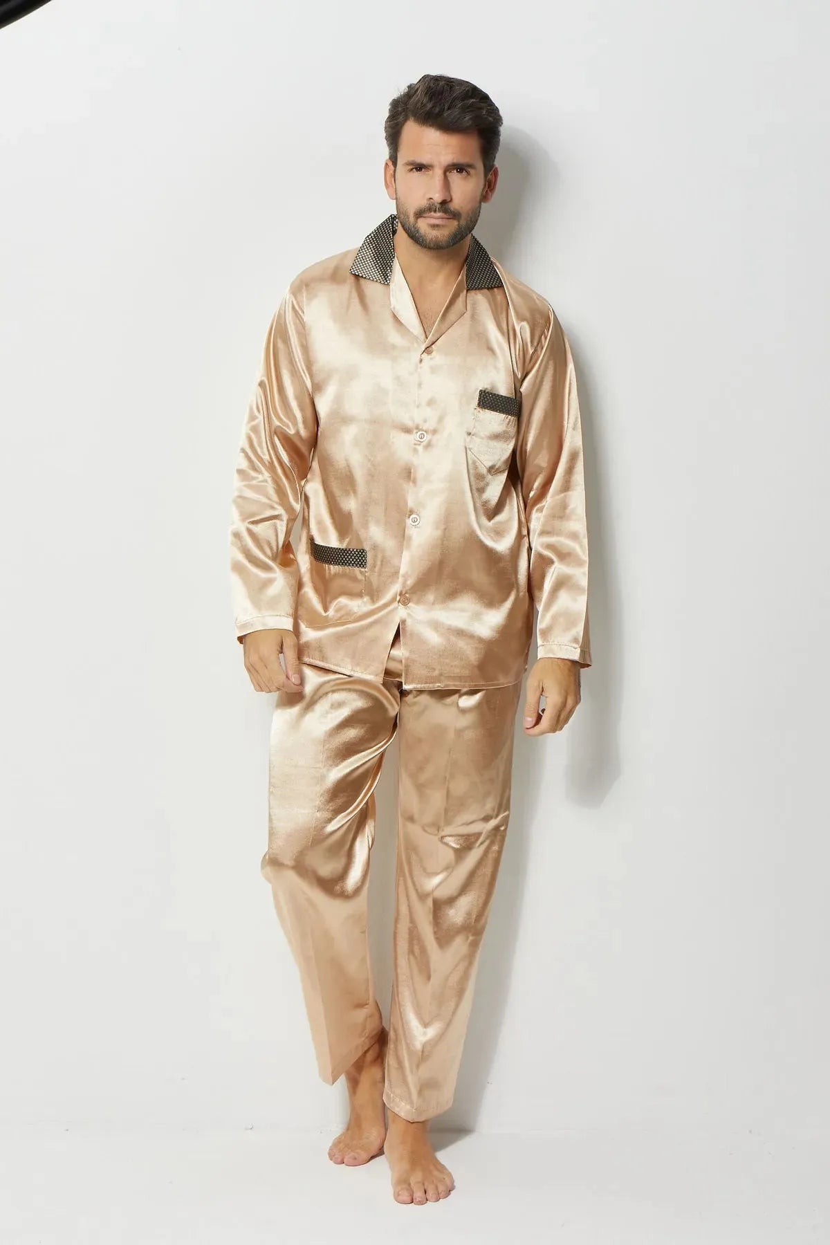 Erkek Yakalı İpek Saten Pijama Takımı 4'lü Damat Çeyiz Seti - Ropman - Bej