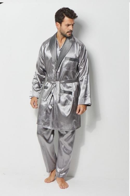 Erkek Yakalı İpek Saten Pijama Takımı 4'lü Damat Çeyiz Seti - Ropman - Gri