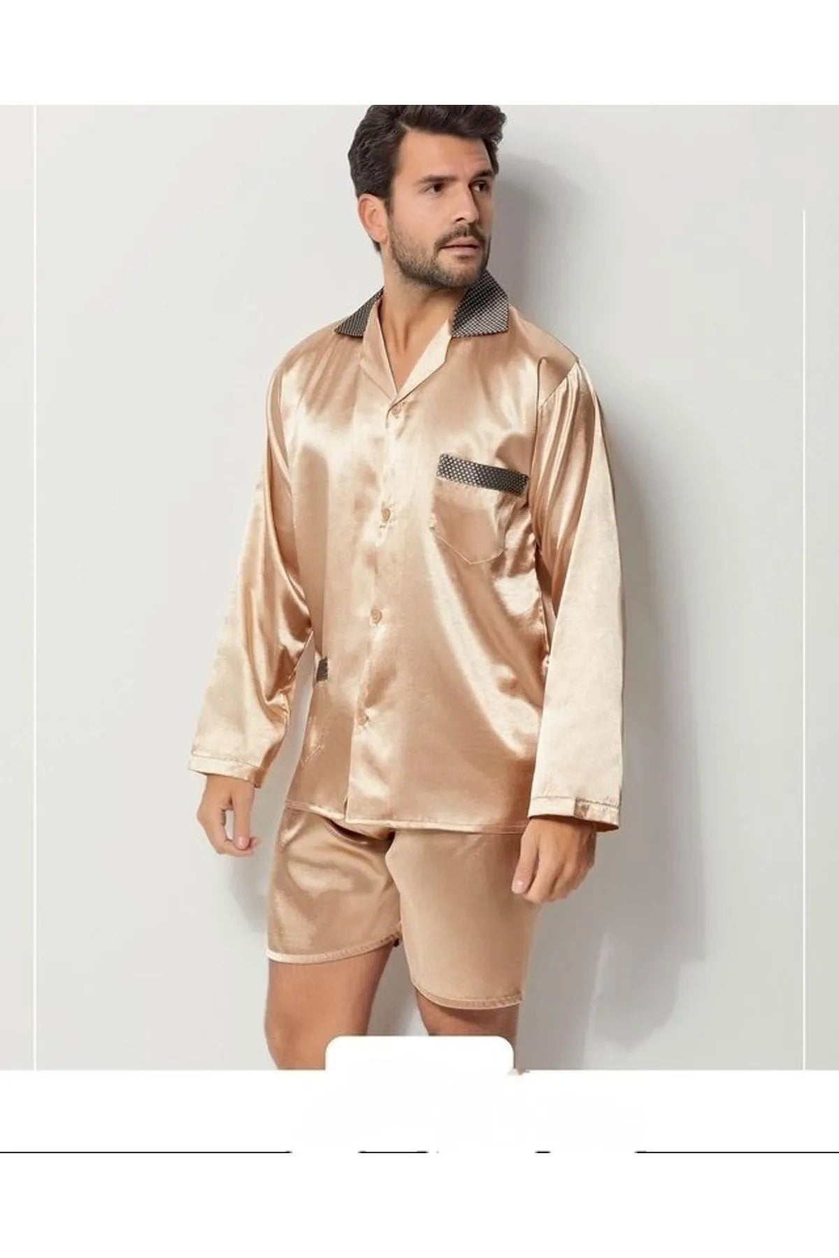 Erkek Yakalı İpek Saten Pijama Takımı 4'lü Damat Çeyiz Seti - Ropman - Bej