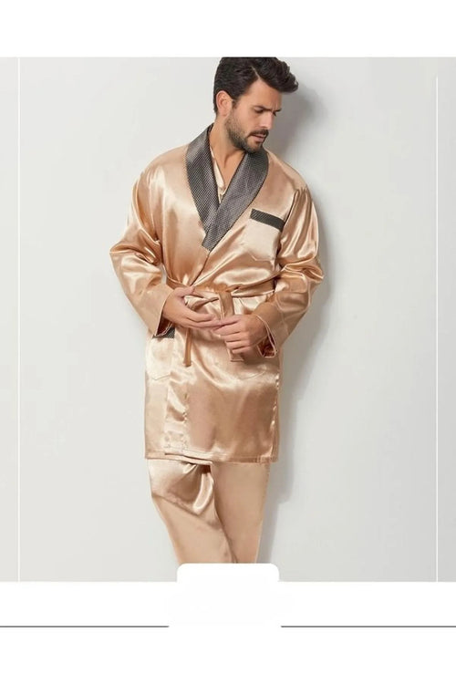 Erkek Yakalı İpek Saten Pijama Takımı 4'lü Damat Çeyiz Seti - Ropman - Bej