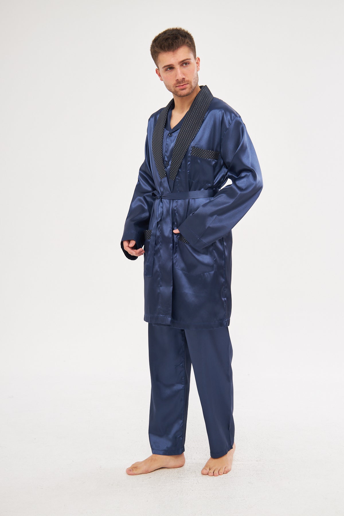 Erkek Yakalı İpek Saten Pijama Takımı 4'lü Damat Çeyiz Seti - Ropman - Lacivert