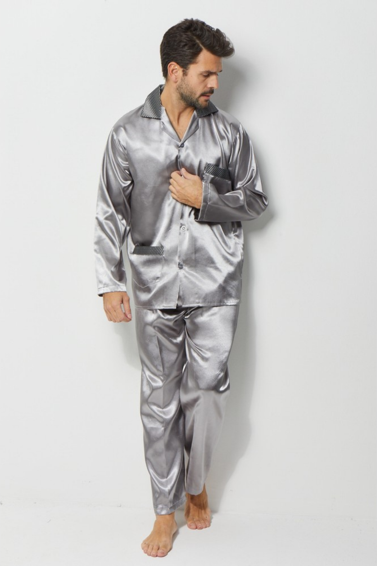 Erkek Yakalı İpek Saten Pijama Takımı 4'lü Damat Çeyiz Seti - Ropman - Gri