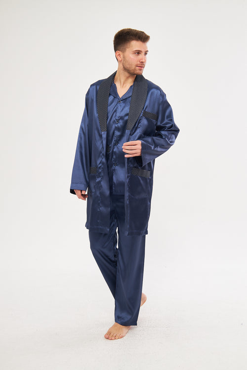 Erkek Yakalı İpek Saten Pijama Takımı 4'lü Damat Çeyiz Seti - Ropman - Lacivert