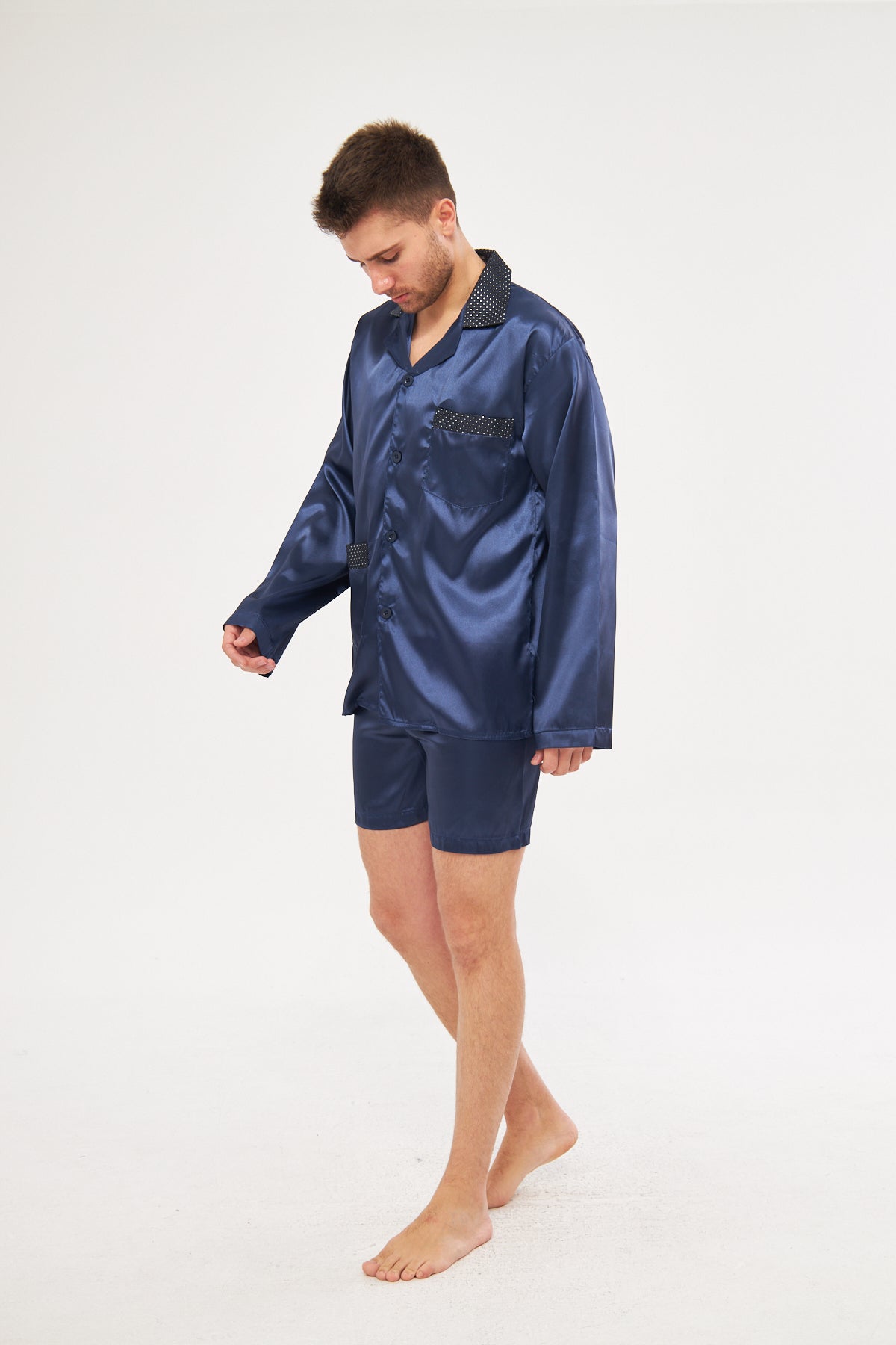 Erkek Yakalı İpek Saten Pijama Takımı 4'lü Damat Çeyiz Seti - Ropman - Lacivert